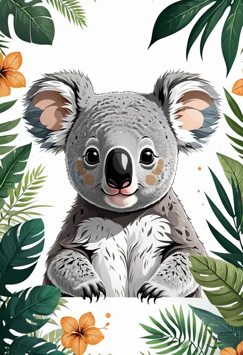 colorful t-shirt design of a cute koala face with round ears and a black nose in a fantasy jungle, White background,