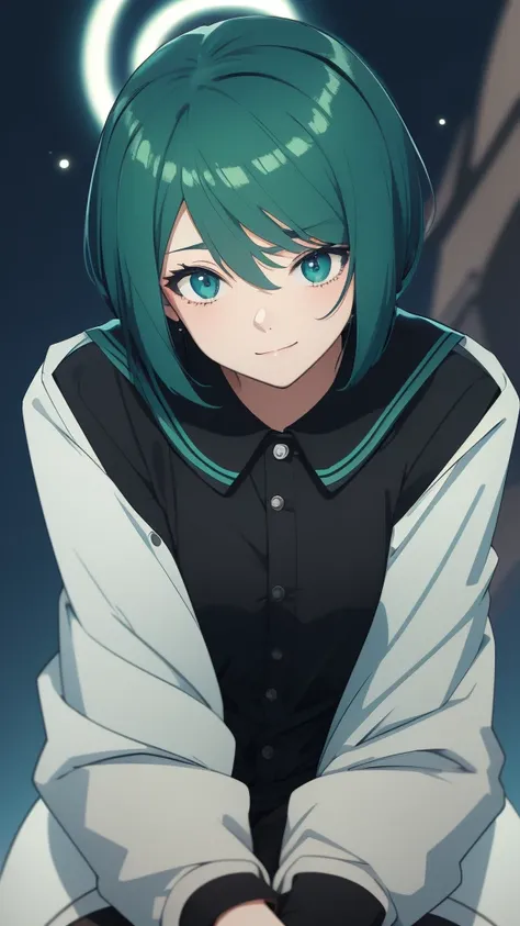 Teenage Girl Student, Lunar Halo, Short Teal Hair, Green Eye, Dark Back Wings, Black School Jacket, Blue Background, Happy Emotion mood, Anime, Masterpiece.