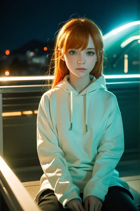 One woman in white sweatshirt, Orange Hair，Green Eyes,landscape,Depth of written boundary, night, Particles of light, light, Side light,machine，Sitting in a seat，medicineを大量に飲む，medicine