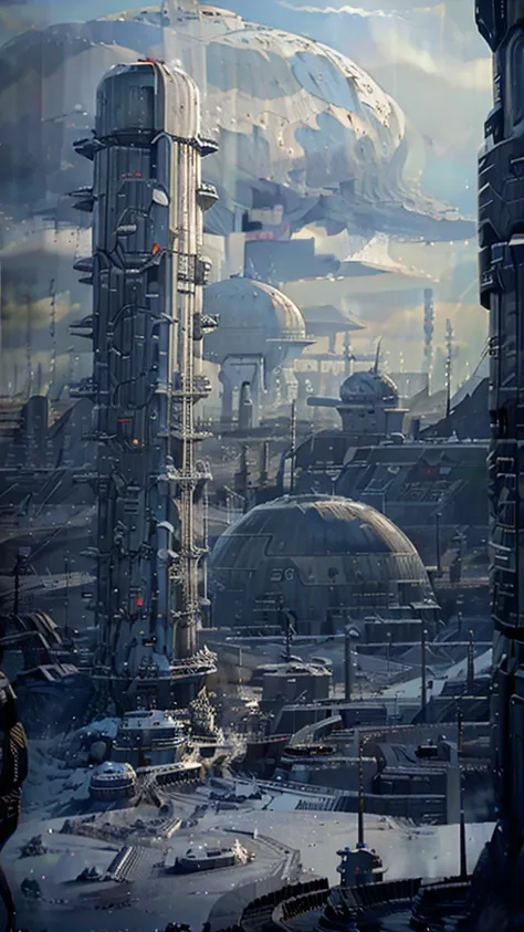 Silence, the capital of the Empire of Silence, a planet covered in fortified cities and huge control towers, in a distant future, with the bustle of citizens and imperial soldiers moving between the colossal structures, futuristic and military clothing wit...