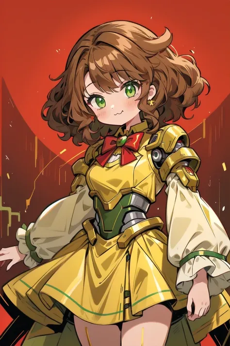 girl, Brown-curly-hair, green eyes, wearing a yellow metallic-dress with longs sleeves and red bowtie. (Cyborg), :3. Red background.