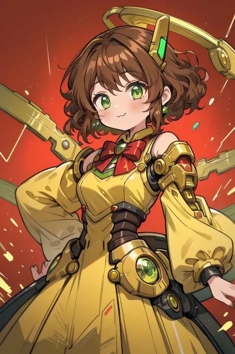 girl, Brown-curly-hair, green eyes, wearing a yellow metallic-dress with longs sleeves and red bowtie. (Cyborg), :3. Red background.