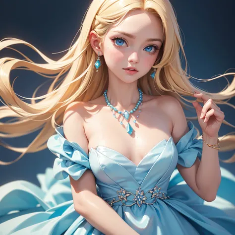 Close-up, blonde-haired woman with blue eyes, a small pink and light blue beaded necklace, and a blue strapless dress