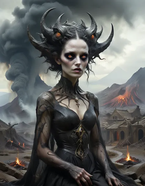 Famous works of art (Tom Bagshaw:1.1), detailed expressive eyes, Fantasy Style, The Sulky Lubwad is a tiny creature that thrives in intense heat, On the side of an active volcano on the planet Ramsnuggle VI、Building a Lair of the Resilient, here、Its black ...