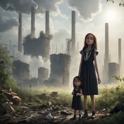 (ultra detailed, absolutely high resolution, best quality:1.3), (hyper realistic), The main subject: a young girl, wearing poor dress, Nature being destroyed by human behaviors, standing amidst the destruction. The background features a once-thriving fores...