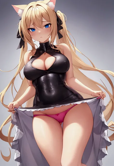 Make me a cat girl, the girl has long blonde hair, she has a sexy and athletic body but not so muscular, thighs and buttocks, not too much either. big not too small, her breasts not too big not too small, make her a cute and shy cat girl, her face is flush...