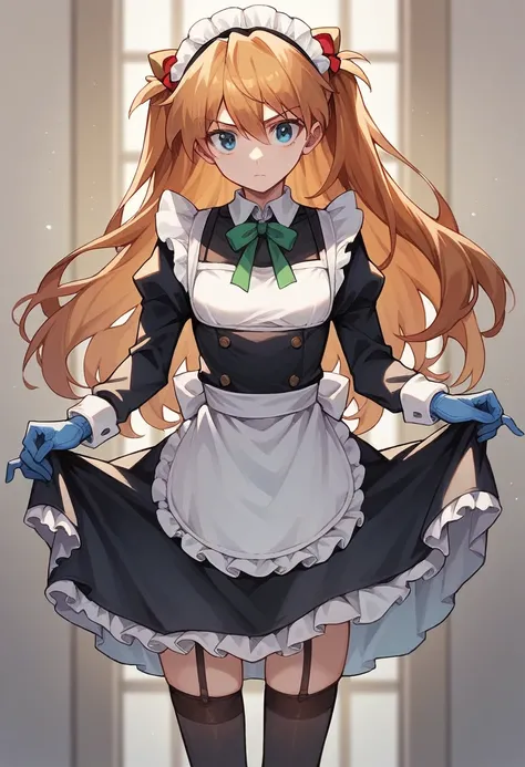 1girl, Souryuu Asuka Langley, ((blue gloves)), (black maid uniform), ((long sleeves)), looking at viewer, standing, solo
