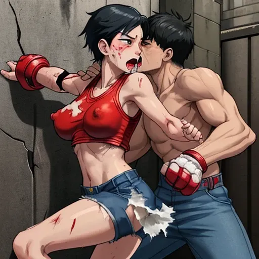 a male streetfighter is punching into female streetfighters body so hard in the backstreet. a bloody beautiful young Japanese female fighter is being beated terribly by a male fighter. She is slammed on the wall by the male. Blood is dripping from her nose...