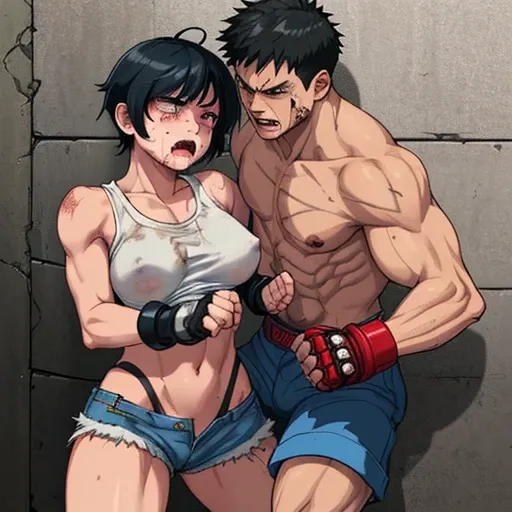 a male streetfighter is punching into female streetfighters body so hard in the backstreet. a bloody beautiful young Japanese female fighter is being beated terribly by a male fighter. She is slammed on the wall by the male. Blood is dripping from her nose...