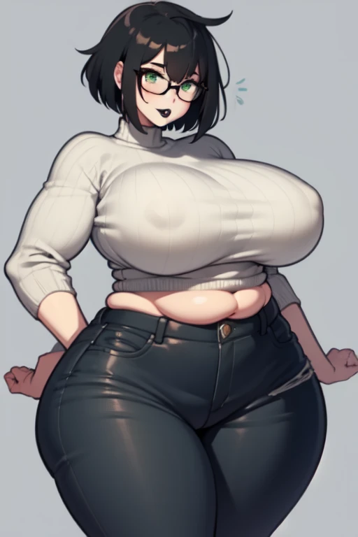 Tall woman, chubby, fat ass, short black hair, green eyes, black lipstick, mascara, big breasts, grey sweater, black jeans