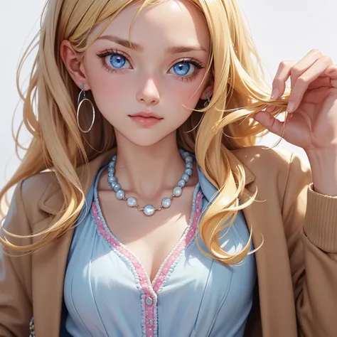 Close-up, blonde-haired woman with blue eyes, a small pink and light blue beaded necklace, Without earrings, dressed in a white shirt and a brown jacket 