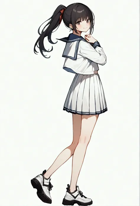 Highest quality,Ultra-high resolution,One girl,alone,whole body, Black Hair,black eye,ＪＫ,Sailor suit,smile,ponytail,No background,sneakers