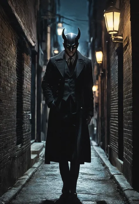 A dark alley at night, illuminated by a single flickering streetlight. The devilish hero, dressed in sleek, dark attire, with a confident and sharp smile, stands in the shadows. His eyes are cold and calculating, and his stance exudes both danger and skill...