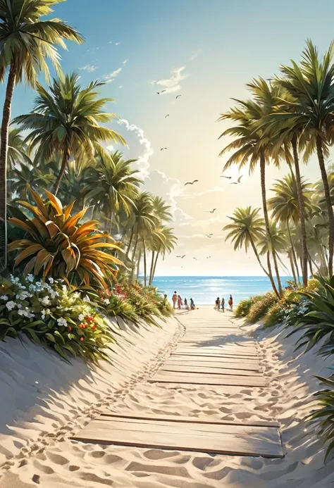 "visualize an interpretation of a beach promenade. integrate realistic colors and sharp angles, to convey a feeling of movement ...