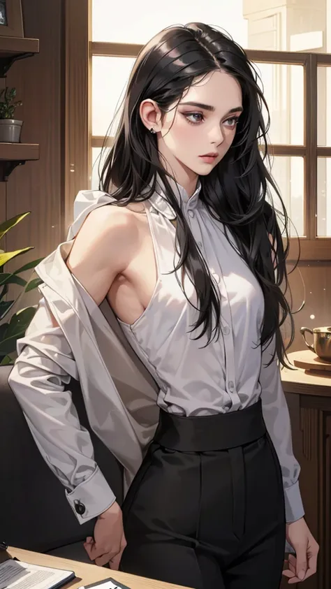 (table top, digital art, digital illustration, 4K, 8K, super detailed, beautiful images, clear image, realistic, RAW photo, perfect face, perfect lines, perfect eyes, soft lighting) 1 female, (long black hair,straight hair,Bullish gaze,beautiful woman,Soli...