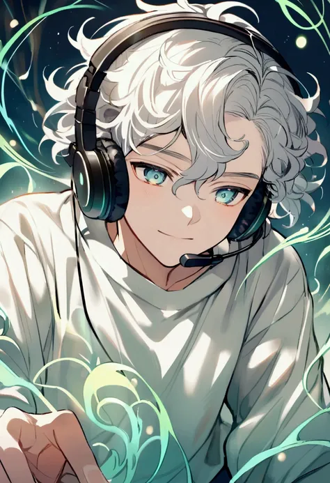 Young male aged 18, wearing sweatshirt, headset listening to music, with white curly hair.