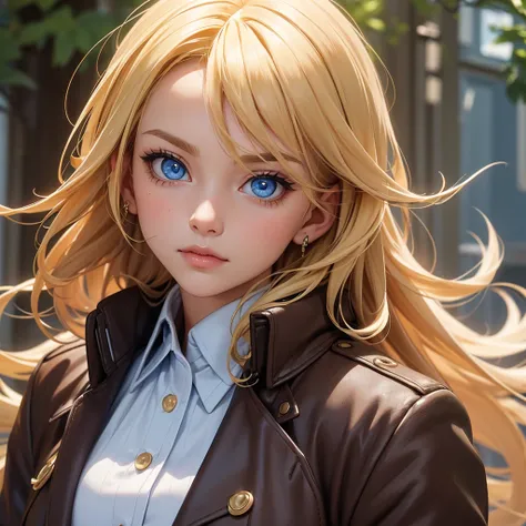 Close-up, blonde-haired woman with blue eyes, dressed with a brown jacket 