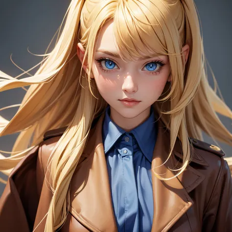 Close-up, blonde-haired woman with blue eyes, dressed with a brown jacket 