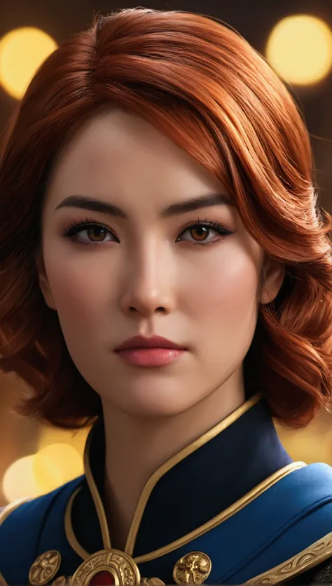 (best qualityer,4K,8k,Cao Cao,master part:1.2),ultra detali,(Realistic,photorrealistic,photo-realistic:1.37),Barbara Gordon, Young woman aged 19 l, beautiful red hair, vestindo uniforme policial,piercing brown eyes, Supreme Beauty, Gotham City Setting, str...