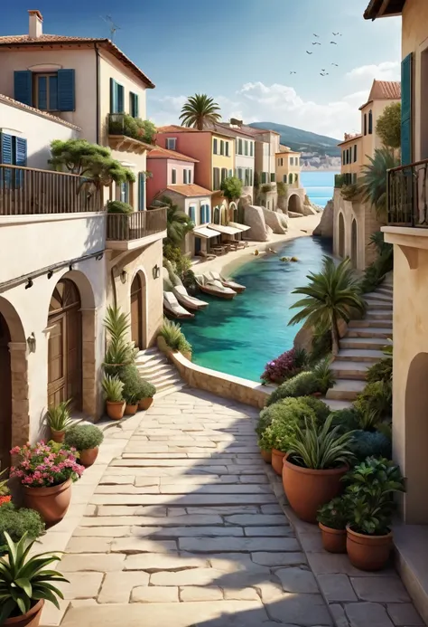 "Visualize an interpretation of a beach promenade with Mediterranean houses. Integrate realistic colors and sharp angles, to convey a feeling of movement and tension. Play with perspective and layering, to create a multidimensional composition, which quest...