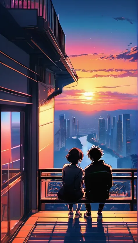 anime couple sitting on a balcony watching the sunset, watching the sun set. anime, lofi artstyle, anime background art, anime s...