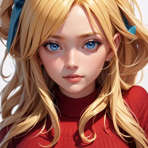 Close-up, blonde-haired woman with blue eyes, dressed with a red sweater 