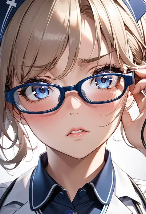 Intelligent woman wearing ultra-realistic glasses, nurse, Dark blue medical uniform, Emergency Medicine, Sexy Style,  Blake looks down at the viewer, Worried look, Seductive upward glance, A look of disgust, blush, hot, Alluring cleavage, The action of adj...