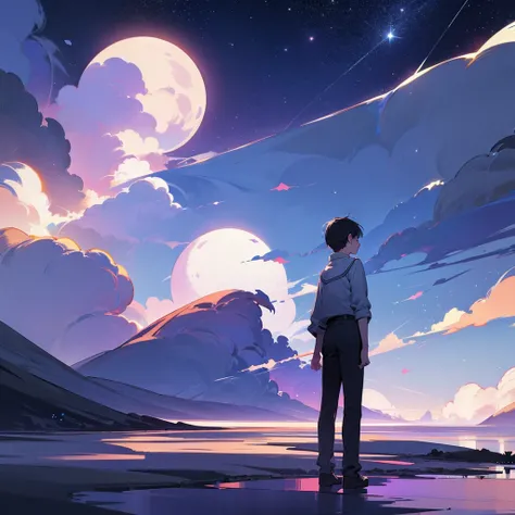 Beautiful night sky without moon only stars , 8k ultra realistic a boy standing alone feels like hes finding the moon  