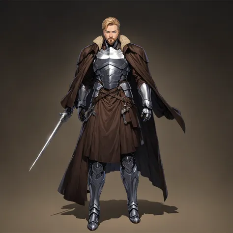 masterpiece, best quality, good quality, Highly detailed, shadowverse style, male, adult, facial hair, age 40s, blue eyes, blonde hair, short hair. armored, fantasy aesthetic, overcoat, adult, silver armored greaves, silver armored gauntlet, bang one side ...