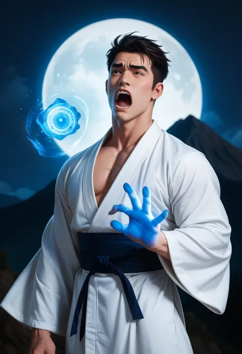 crie um ruy, de stret fighter 2, muscular and training his hadouken magic on top of a mountain on a full moon night, ryu in a wh...