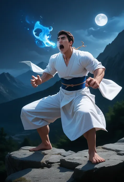 crie um ruy, de stret fighter 2, muscular and training his hadouken magic on top of a mountain on a full moon night, ryu in a wh...