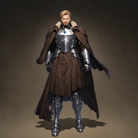 masterpiece, best quality, good quality, Highly detailed, shadowverse style, male, adult, facial hair, age 40s, blue eyes, blonde hair, short hair. armored, fantasy aesthetic, overcoat, adult, silver armored greaves, silver armored gauntlet, bang one side ...