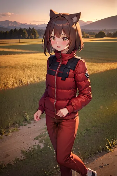 Short tousled brown hair, Energetic, young girl, Red jumpsuit, sporty jumpsuit, Fluffy, dog ears, tail, ((alone)), Surprised wide eyes, Blushing, bashful expression, Mid-motion, playful stance, Sunset sky, Lush green fields, Silhouetted distant mountains, ...