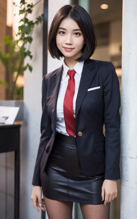 girl, hyper realistic, masterpiece, smile, portrait, bobhair, skirt suit, dress shirt, red necktie, blazer, bodycon miniskirt, p...