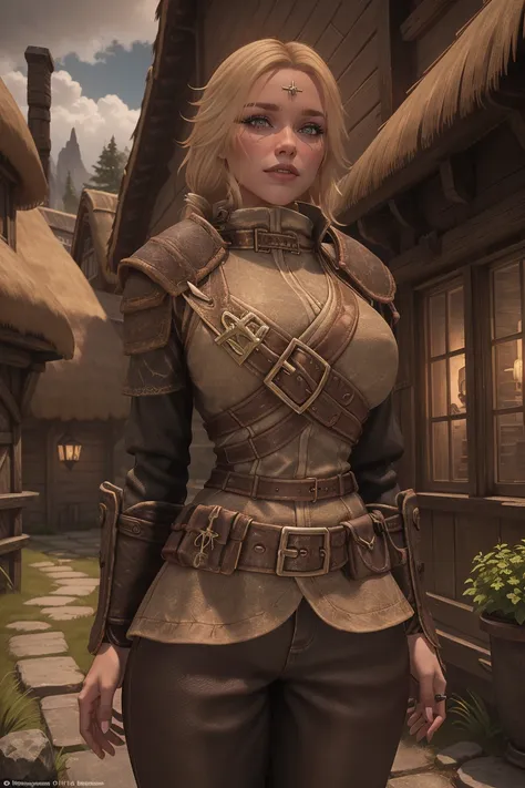 1 girl, masterpiece, 32 yo, female breton beauty sits outdoors in a rustic Skyrim village, surrounded by thatched roofs and lush greenery. The sun casts a warm glow on her porcelain skin as she gazes directly into the camera lens, her piercing green eyes s...