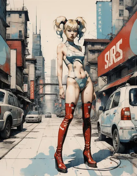 Future sexy asian blonde girl with twin-tails in a futuristic city.1.5, rusty metal city, lots of details, cars, buildings, billboards, nude NAKED TORSO, NUDE BREASTS and very tight tank top, red latex thigh high stocking extreme-highheel-wedge boots , sta...