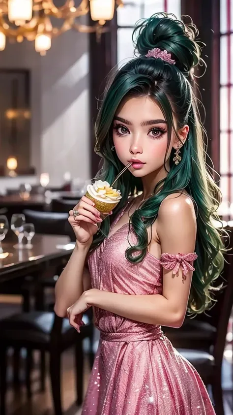 frederica greenhill, 25 years old, lieutenant, adjutant, shortcut, green hair,
eating in a luxurious pink dress at a high-end re...