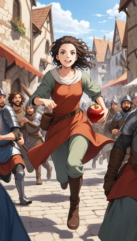 (1girl, female, solo, Human, Caucasian), (_young), (slim, small breasts, beautiful hips, happy face), (black wavy hair, dreadlock haircut), 
(Dungeons and Dragons, character), (Thief), (running, chased), 
(medieval top cloth, medieval cloth pans , shoes), ...