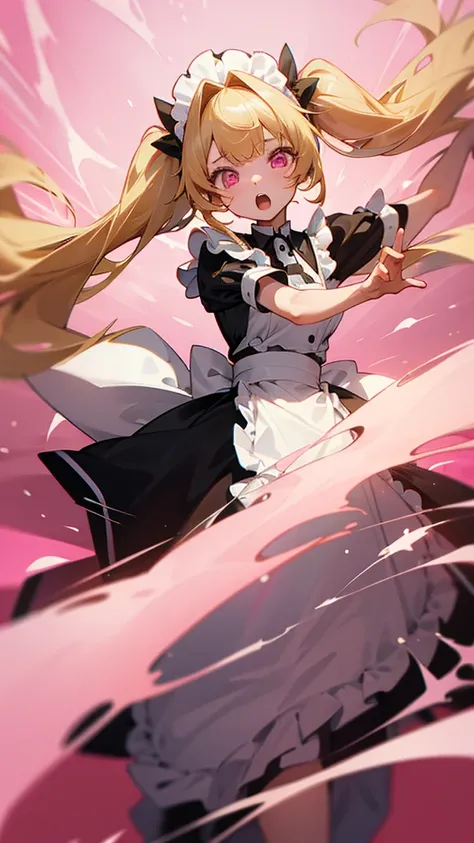 One girl, Long Hair, bangs, Blonde, Twin tails, , Open your mouth, Pink eyes, whole body、Maid clothes