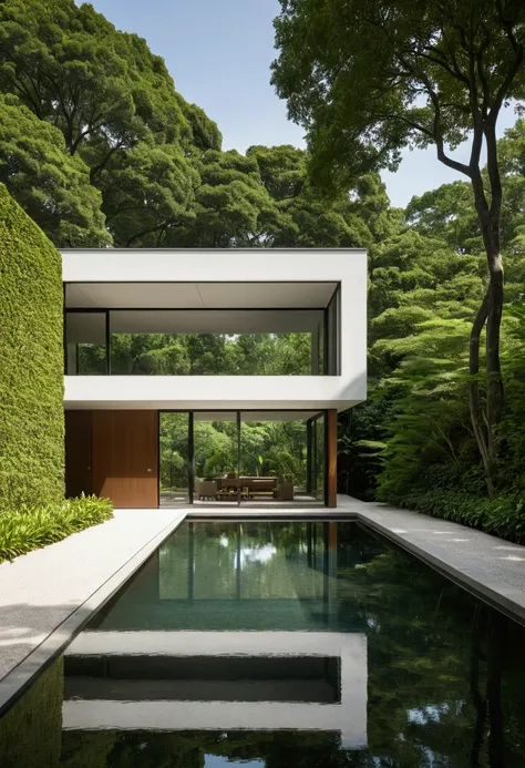 A sleek, modern house with large windows and a flat roof, nestled amidst lush greenery and a reflecting pool. The house is built with a minimalist aesthetic, with clean lines and a focus on natural light. The surrounding trees provide shade and privacy, cr...