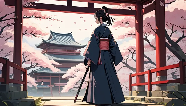 Female samurai, Japanese Temple、cherry blossoms、Wide-angle lens, Lofi Anime, Lofi illustration, Aesthetic atmosphere, Lo-Fi Style, Vector art, Flat Design, Simple shape, Warm tones, Pleasant atmosphere, Chill, In anime style, Digital drawing, Vector art, V...