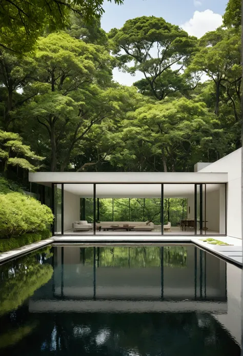 A sleek, modern house with large windows and a flat roof, nestled amidst lush greenery and a reflecting pool. The house is built with a minimalist aesthetic, with clean lines and a focus on natural light. The surrounding trees provide shade and privacy, cr...