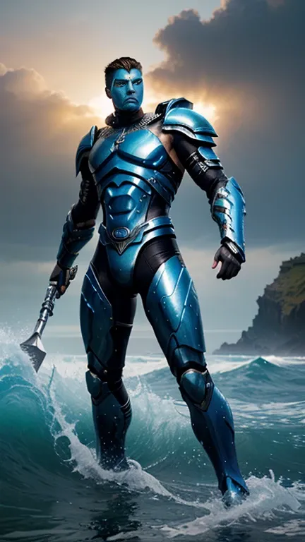 Full-body, powerful futuristic tidal wave warrior, advanced technology integrated into armor, strong heroic physique, confident facial features with some parts visible, (ancient Greek warrior style:1.3), muscular areas exposed, (tidal wave themes:1.2), dee...