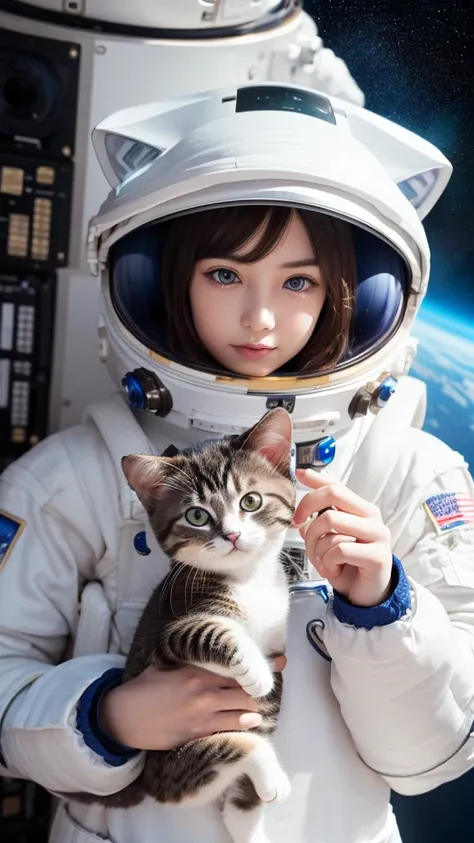 human-like cat,Ultra Detailed, Pretty and beautiful kitten, masterpiece, best quality, space, peaceful mood, a cat,real,((wearing a space suit1.5))，Fluffy white ears white tail,HD Wallpapers，16k resolution, powerful blue eyes,dancing cat