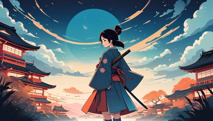 Female samurai, Wide-angle lens, Lofi Anime, Lofi illustration, Aesthetic atmosphere, Lo-Fi Style, Vector art, Flat Design, Simple shape, Warm tones, Pleasant atmosphere, Chill, In anime style, Digital drawing, Vector art, Vector logo for t-shirt printing,...