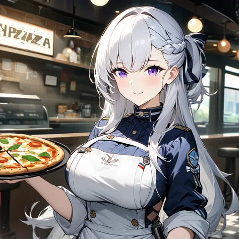 A woman wearing a blue dress, with a white work apron, white hair, long hair, purple eyes, smiling, big breasts, holding a tray with pizza, inside a pizzeria, counter in the pizzeria and chair, bow in her hair, standing, HMS_Belfast, Azur_lane, , .UHD , ma...