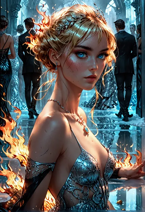 a glamour picture shot, of an elite model covered in fire walking on a icy catwalk, an extraordinary glamourous elite female model, ((full body: 1.5)),  ((anatomically correct: 1.5), (ultra detailed face: 1.2), best detailed face, blond hair, long hair, lu...