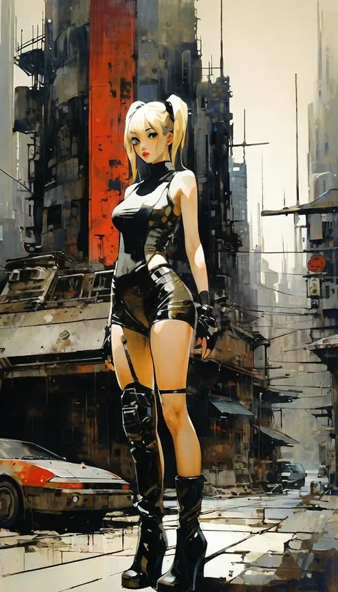 Future sexy asian blonde girl with twin-tails in a futuristic city.1.5, rusty metal city, lots of details, cars, buildings, billboards, nude and very tight tank top, red latex thigh high stocking extreme-highheel-wedge boots , standing pose (Dave Mckean in...