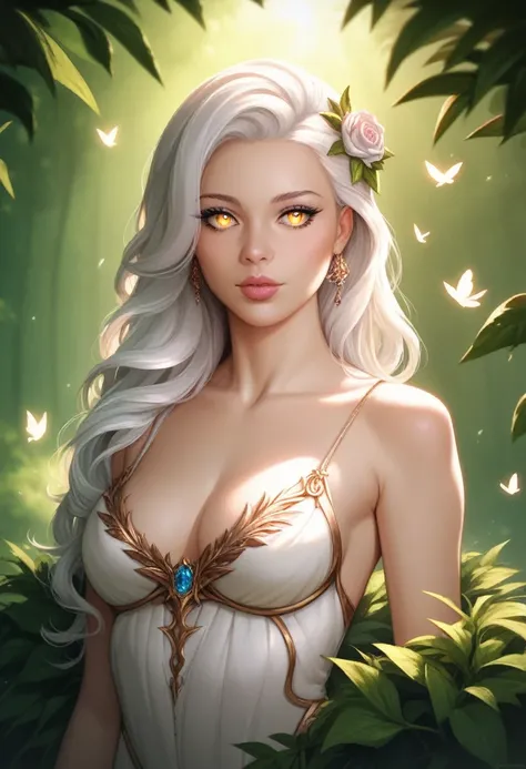 a young woman with long white hair, beautiful detailed eyes, beautiful detailed lips, extremely detailed face, long eyelashes, beautiful porcelain skin, elegant dress, standing in a lush forest, sunlight filtering through the trees, peaceful and serene atm...