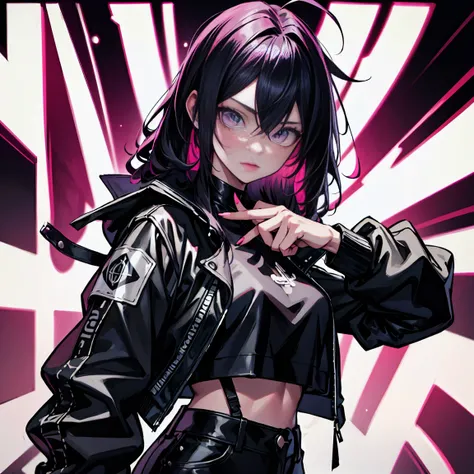 girl, long hair, cool black open short jacket with lettering "cross", tattoos, messy faded hair, crazy, stand pose, Against the futuristic neon background of a night street,install, Fuchsia, Indigo